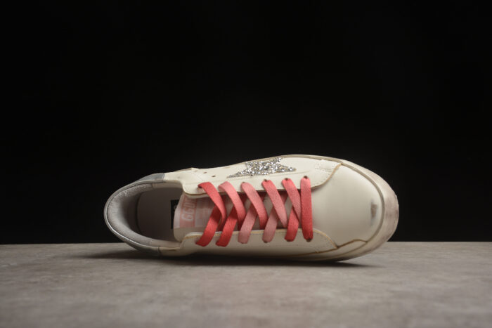 Golden Goose Distressed White Leather Sneakers with Red Laces and Silver Heel Tab crossreps