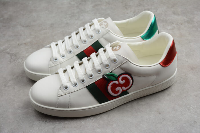 Gucci Ace Leather Sneaker with Red Metallic Heel Tab and Green and Red Web