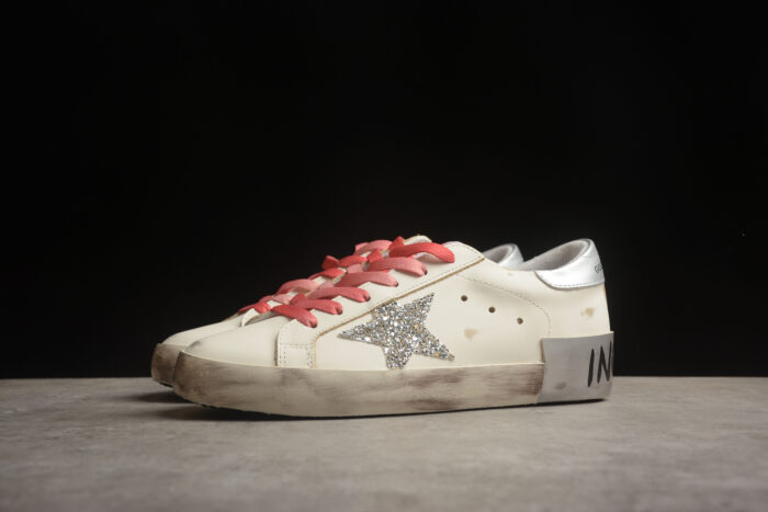 Golden Goose Distressed White Leather Sneakers with Red Laces and Silver Heel Tab crossreps