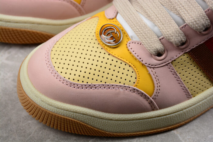 Gucci Pink and Yellow Suede Sneakers with Signature Web Stripe crossreps