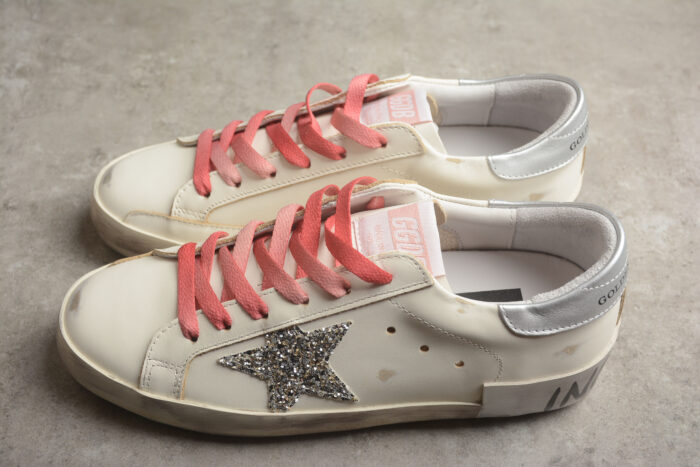 Golden Goose Distressed White Leather Sneakers with Red Laces and Silver Heel Tab crossreps