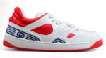 Gucci Red and White Leather Sneakers with Blue Logo Accents crossreps