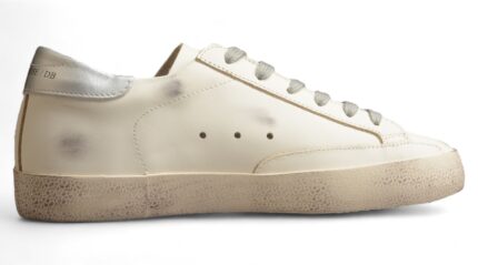 Golden Goose Distressed White Leather Sneakers with Grey Laces and Silver Heel Tab crossreps