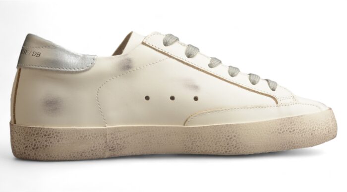 Golden Goose Distressed White Leather Sneakers with Grey Laces and Silver Heel Tab crossreps