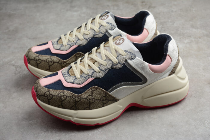 Gucci Rhyton Mixed-Material Sneaker with Pink and Navy Accents crossreps