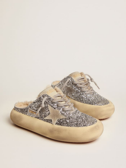 Space-Star Sabot shoes in silver glitter with shearling lining crossreps