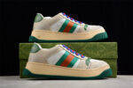 Gucci Beige Leather Sneakers with Green and Orange Stripe and Blue Laces crossreps