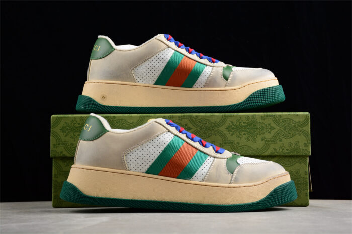 Gucci Beige Leather Sneakers with Green and Orange Stripe and Blue Laces crossreps