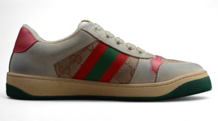 Gucci Screener Leather and Suede Sneaker with Web Stripe and Pink crossreps