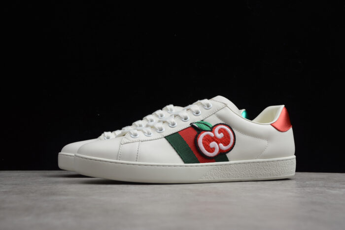 Gucci Ace Leather Sneaker with Red Metallic Heel Tab and Green and Red Web