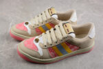 Gucci Beige Leather Sneakers with Pink GG Monogram and Yellow Web Stripe crossreps