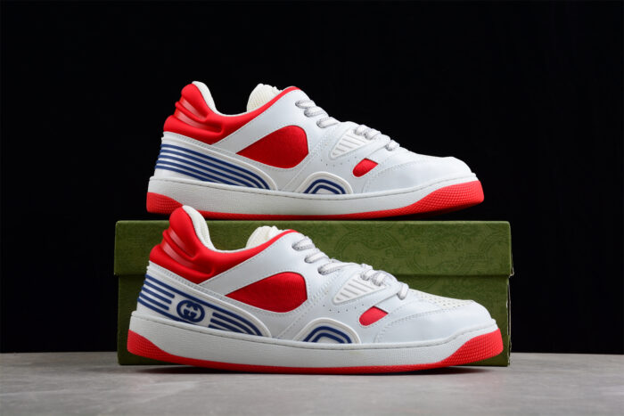 Gucci Red and White Leather Sneakers with Blue Logo Accents crossreps