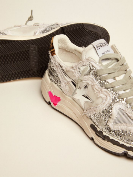 Running Sole sneakers in nylon and silver glitter with leopard-print pony skin heel tab crossreps