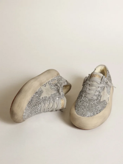 Space-Star shoes in silver glitter with ice-gray suede star and heel tab crossreps