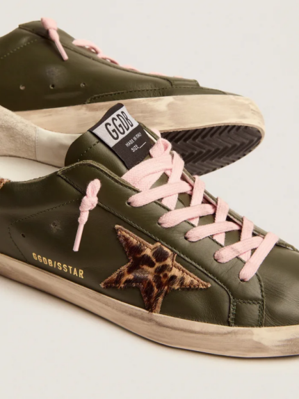 Super-Star sneakers in dark green leather with gold glitter heel tab crossreps