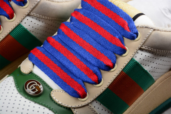 Gucci Beige Leather Sneakers with Green and Orange Stripe and Blue Laces crossreps