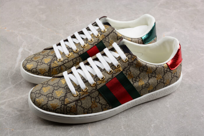 Gucci GG Supreme Canvas Sneakers with Gold Bee Print and Web Stripe crossreps