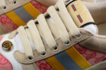 Gucci Beige Leather Sneakers with Pink GG Monogram and Yellow Web Stripe crossreps