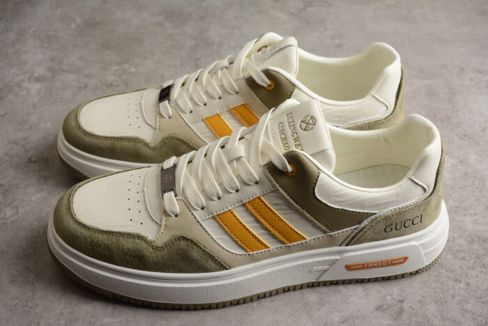 Gucci Olive Green and White Sneakers with Orange Stripes crossreps