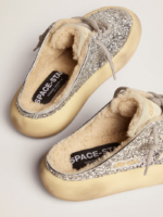 Space-Star Sabot shoes in silver glitter with shearling lining crossreps