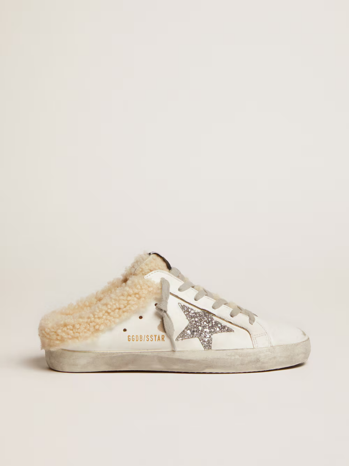 Super-Star Sabot in white leather and shearling lining crossreps