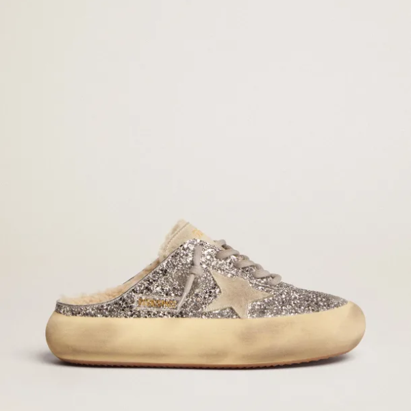 Space-Star Sabot shoes in silver glitter with shearling lining