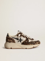 Running Sole sneakers in cream-colored mesh with leopard-print pony skin inserts and black leather s