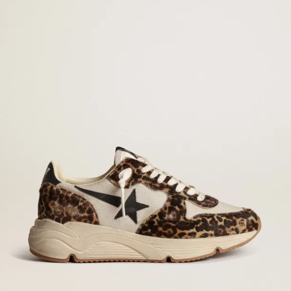 Running Sole sneakers in cream-colored mesh with leopard-print pony skin inserts and black leather s