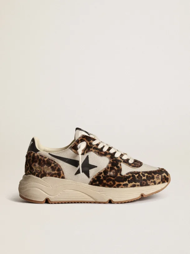 Running Sole sneakers in cream-colored mesh with leopard-print pony skin inserts and black leather s