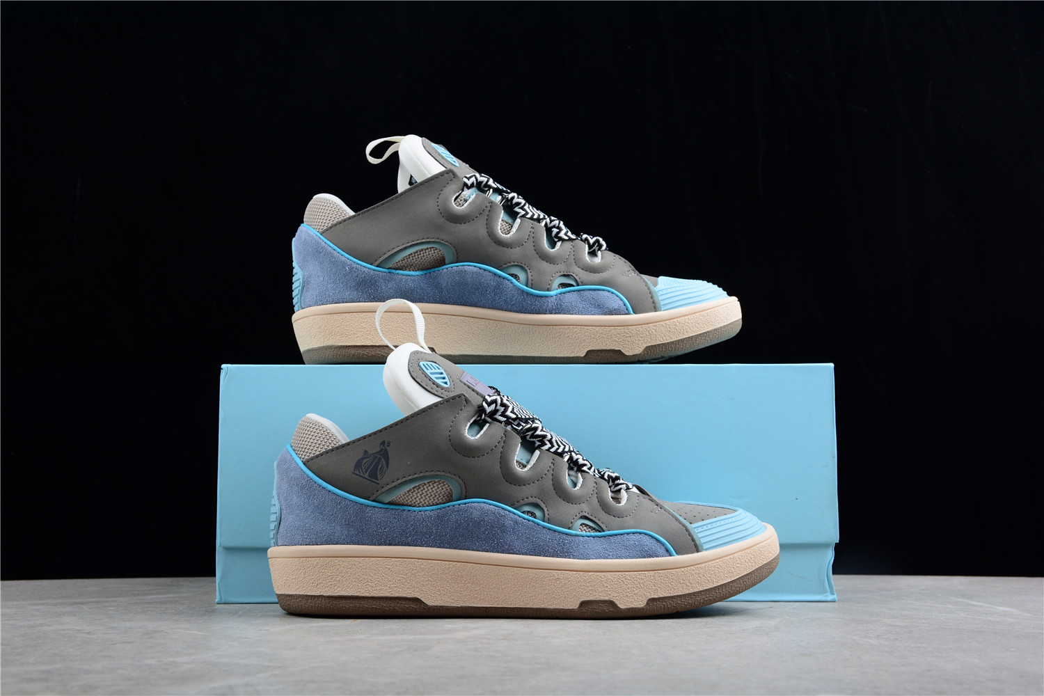 Lanvin Leather Curb Sneakers Blue Grey
