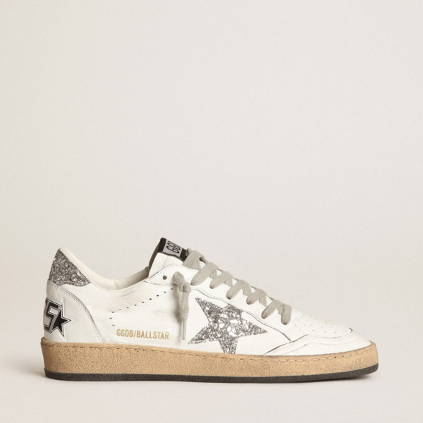 Sneaker Ball Star in nappa bianca con stella e talloncino in glitter argento