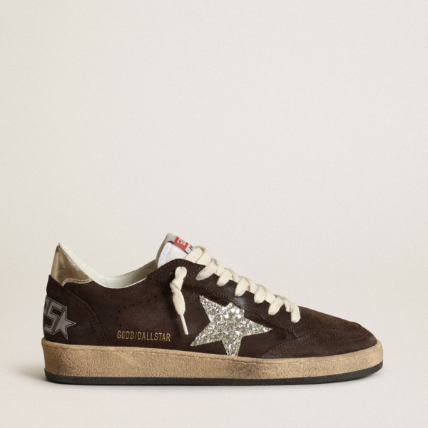 Sneaker Ball Star in suede marrone con stella in glitter platino e linguetta in nylon bianco