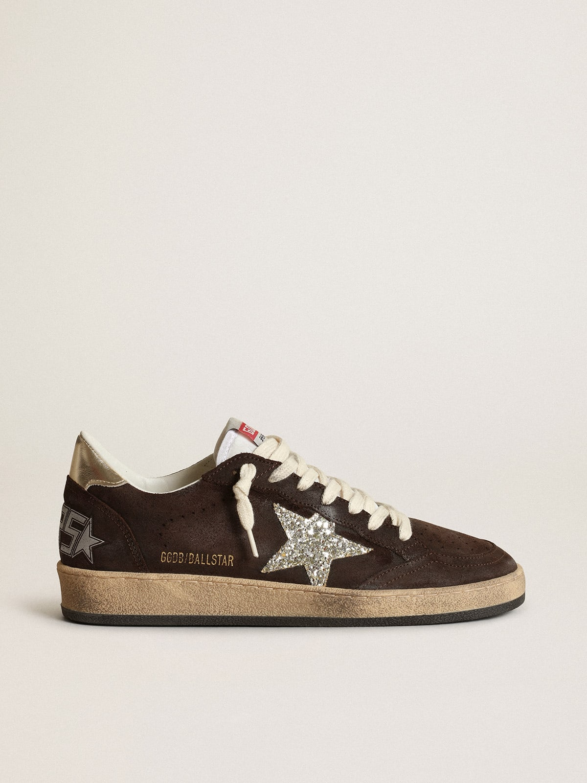 Sneaker Ball Star in suede marrone con stella in glitter platino e linguetta in nylon bianco