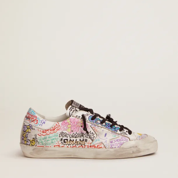 Super-Star sneakers in white leather with multicolored graffiti print