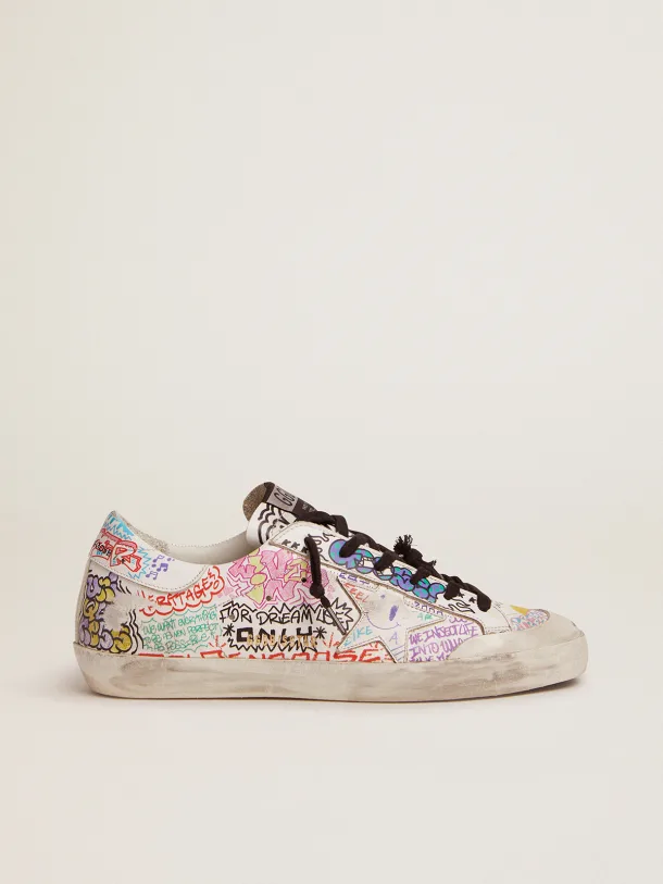 Super-Star sneakers in white leather with multicolored graffiti print