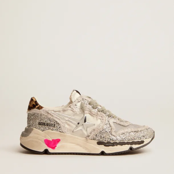Running Sole sneakers in nylon and silver glitter with leopard-print pony skin heel tab