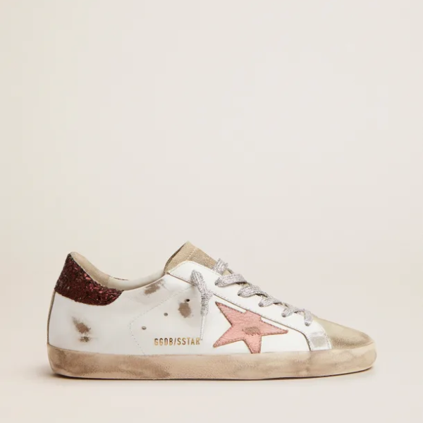 Super-Star sneakers with brown glitter heel tab and pink crackled leather star