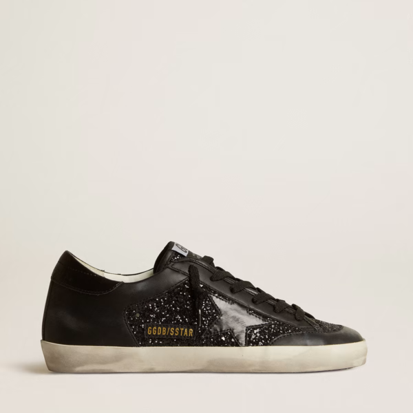 Super-Star in black nappa and glitter with glossy black leather star