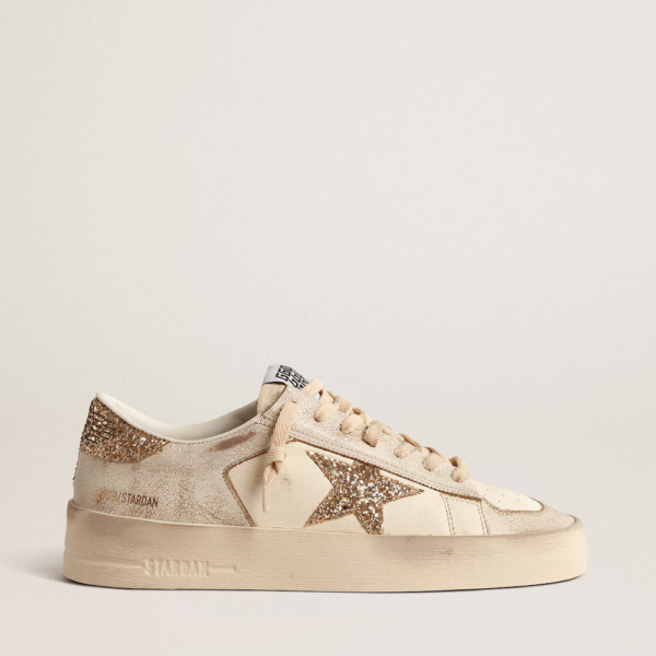 Stardan in ecru nappa leather with gold glitter star and heel tab