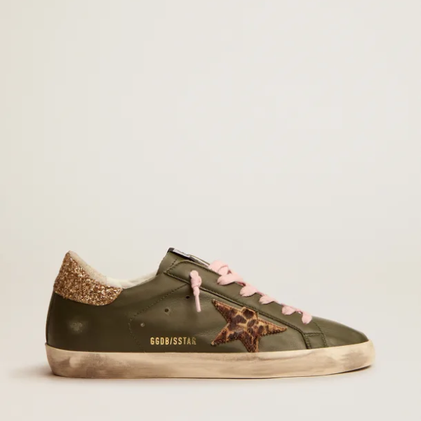 Super-Star sneakers in dark green leather with gold glitter heel tab