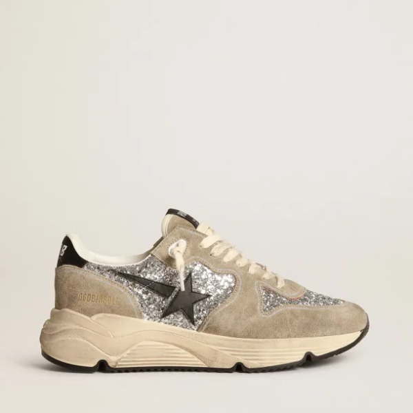 Running Sole sneakers in silver glitter and dove-gray suede with black leather star