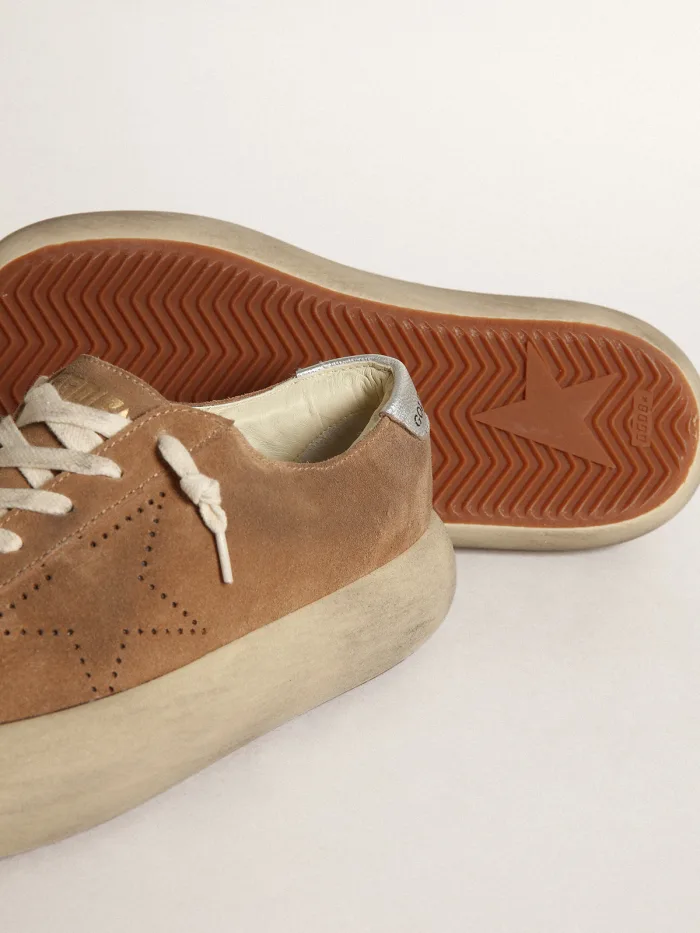 Space-Star shoes in tobacco-colored suede with perforated star and silver metallic leather h