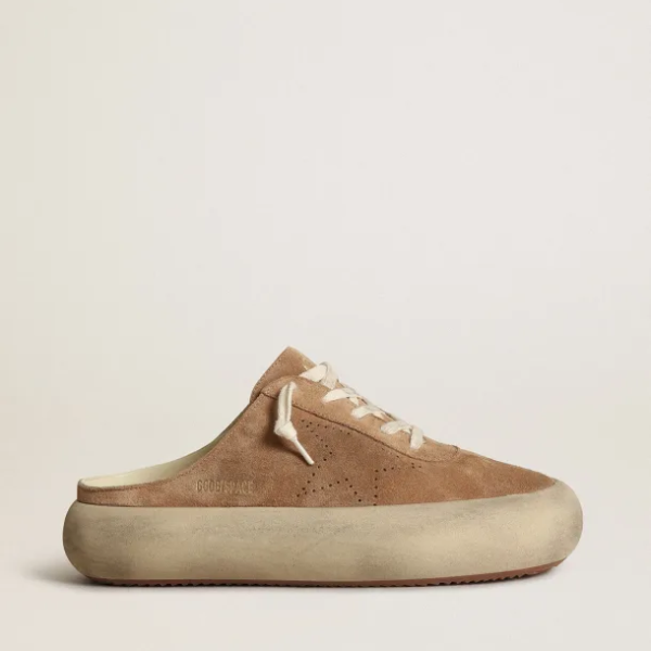 Space-Star Sabots in tobacco-colored suede with perforated star