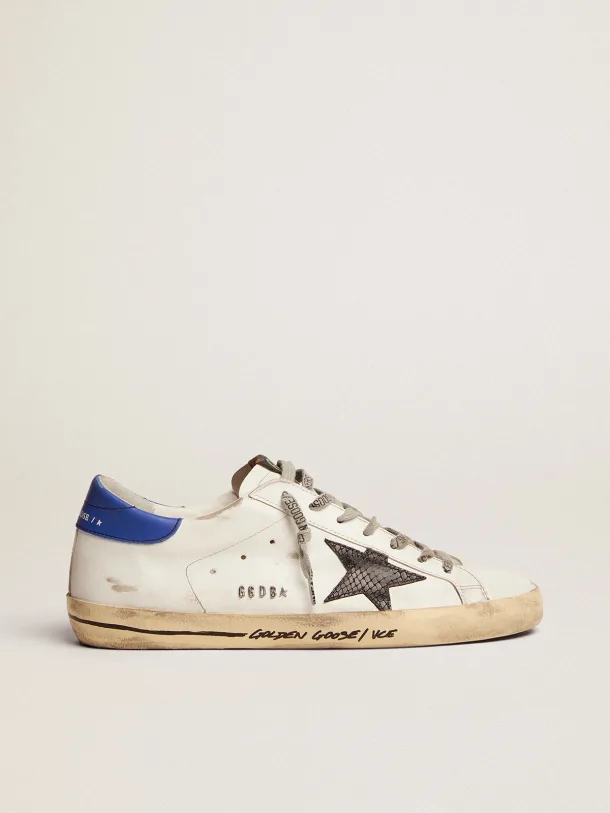 Super-Star sneakers with black snake-print leather star and blue leather heel tab
