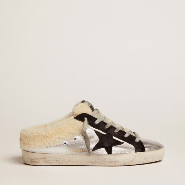 Super-Star Sabot in silver laminated leather with black star