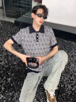 24ss Full FF Logo Jacquard Weave Knit Polo T-Shirt