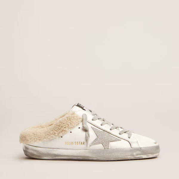 Super-Star Sabots in white leather with shearling lining