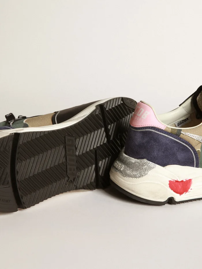 Running Sole sneakers in camouflage canvas with silver laminated leather star and baby-pink leather