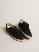 Super-Star in black nappa and glitter with glossy black leather star