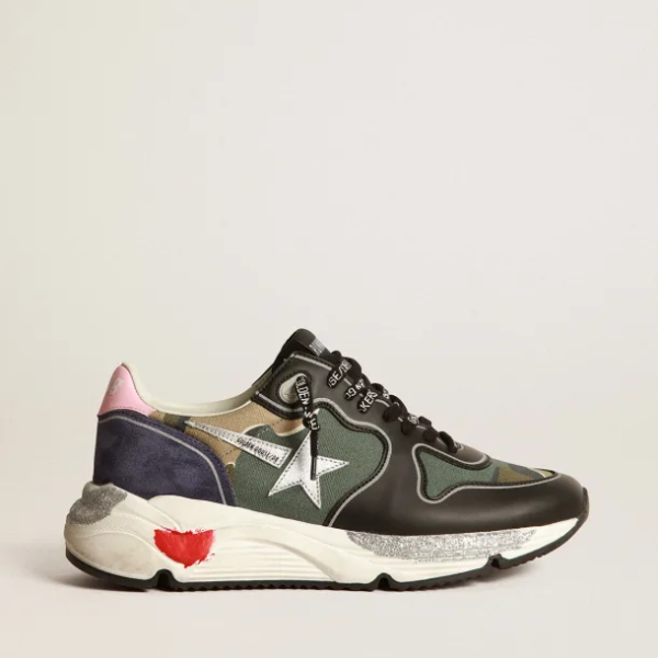 Running Sole sneakers in camouflage canvas with silver laminated leather star and baby-pink leather